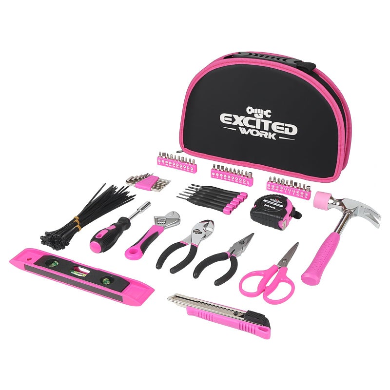 EXCITED WORK 89 Piece Pink Tool kit, Ladies Hand Tool Set with Easy Carrying Round Pouch Household Tool Kit Perfect for DIY, Home Maintenance and Dorm Repair - Image 1